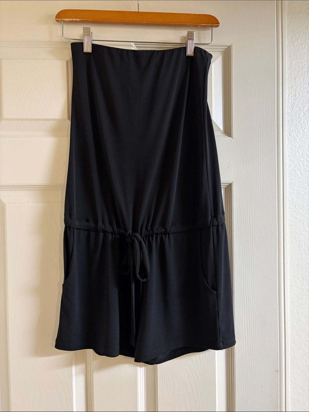 Veronica M Black Strapless Romper with Drawstring Waist